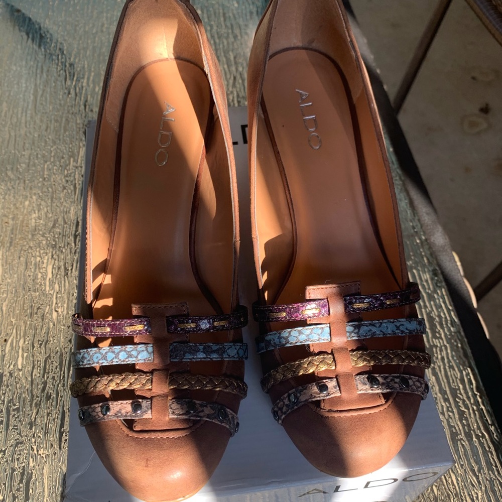 Aldo Cognac Leather Closed Toe Wedges
